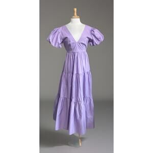 Peach Love Maxi Dress Womens M Pastel Lavender Smocked Back Tiered Puff Sleeve